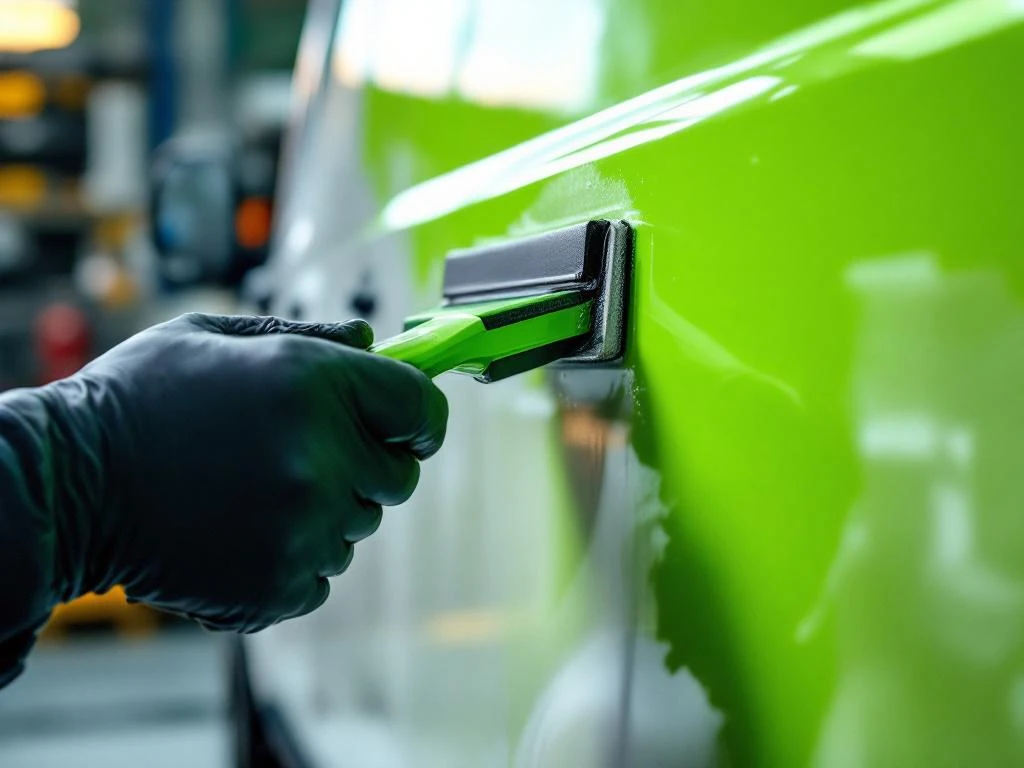 Professionele handen brengen limoengroene vinylfolie aan op witte bestelwagen met squeegee in werkplaats