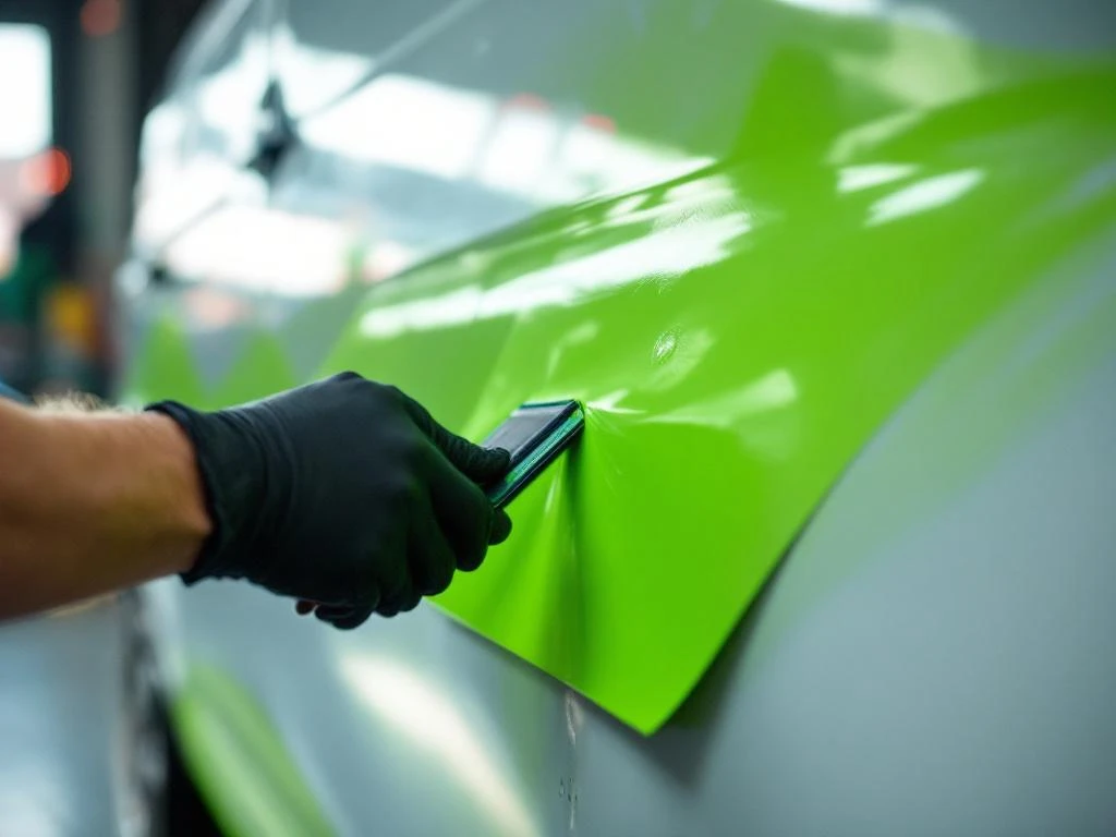 Professionele handen passen limoengroene vinyl wrap toe op witte bestelwagen met squeegee, verwijderen luchtbel