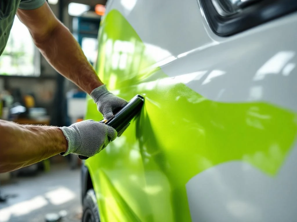 Vakman brengt felgroene vinylfolie aan op witte bedrijfswagen met ruitenwisser in werkplaats met natuurlijk licht