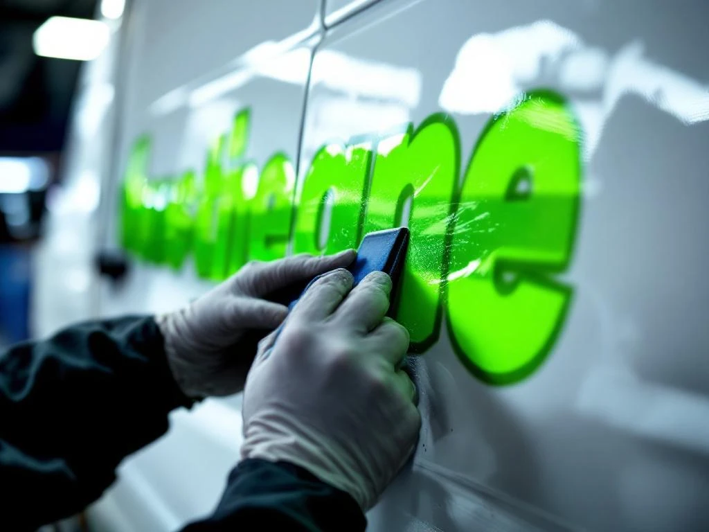 Professionele handen gebruiken squeegee om lime groene vinyl graphics op witte bestelwagen aan te brengen