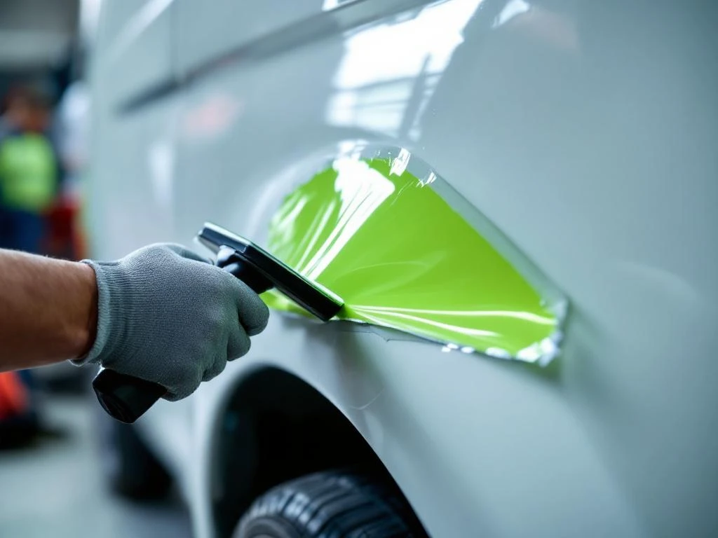 Professionele handen die met een rakel limoengroene vinylfolie aanbrengen op de wielrand van een witte bestelwagen