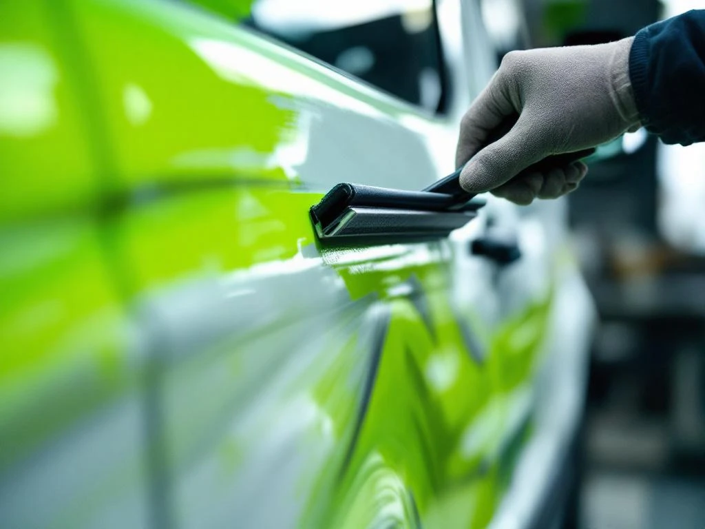 Professionele handen gebruiken squeegee om felgroene vinyl wrap aan te brengen op witte bestelwagen in werkplaats