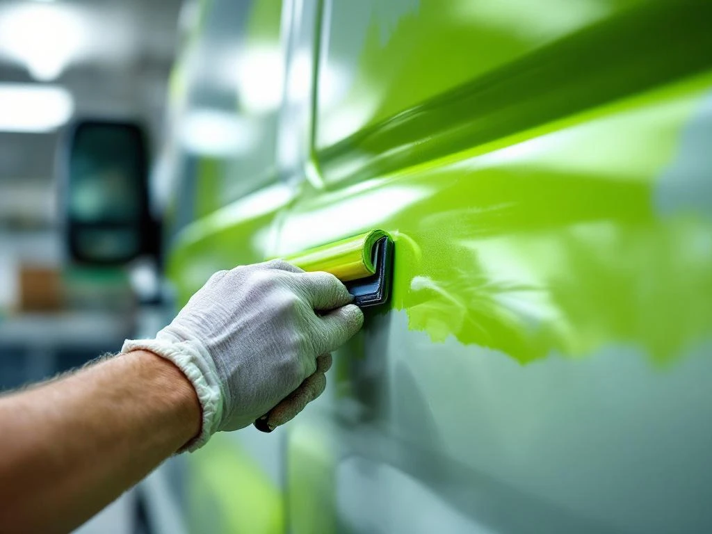 Professionele handen gebruiken squeegee om felgroene vinyl wrap aan te brengen op witte bestelwagen in werkplaats