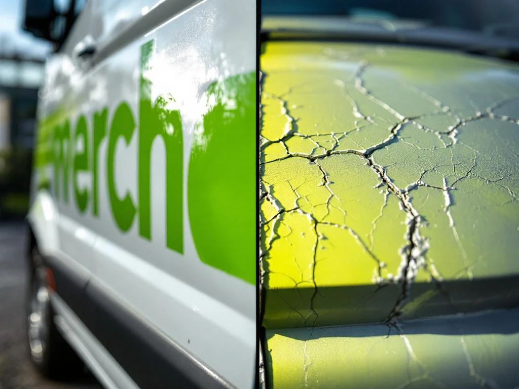 Vinyl belettering op bestelbus: links felgroen en glanzend, rechts verbleekt en beschadigd door UV-straling