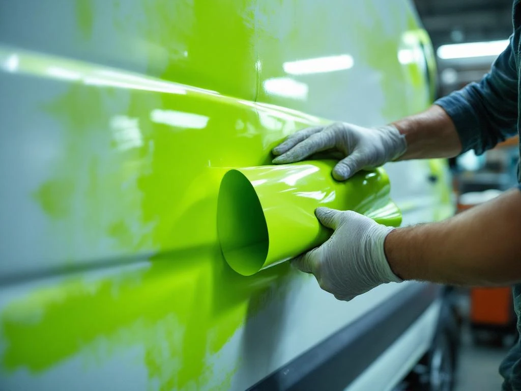 Handen verwijderen limoengroene vinyl wrap van witte bedrijfswagen, met recycling container en professioneel gereedschap