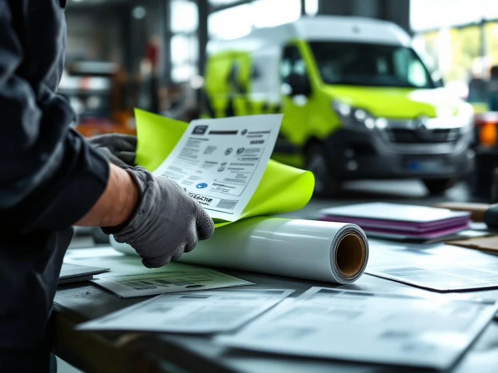 Voertuigbelettering specialist onderzoekt gecertificeerde lime groene vinyl wrap materialen in werkplaats met bestelwagen