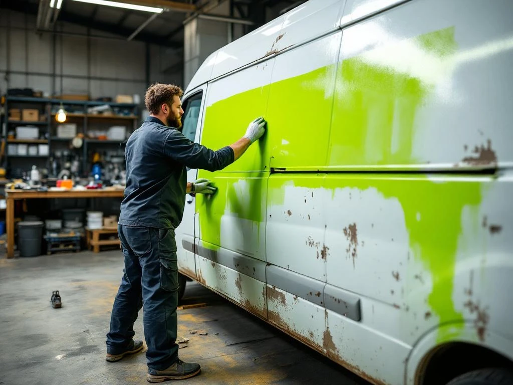 Professionele monteur brengt felgroene vinyl belettering aan op witte bestelwagen in werkplaats