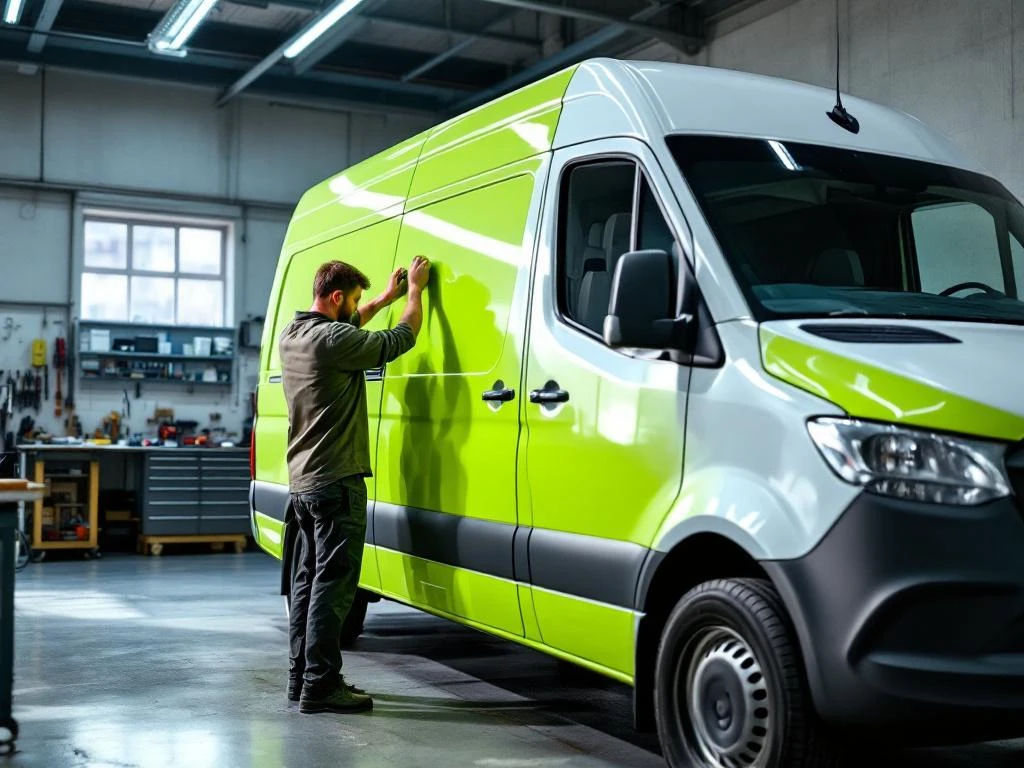 Voertuigbelettering specialist brengt heldergroene vinyl wrap aan op witte Mercedes Sprinter bestelwagen in werkplaats