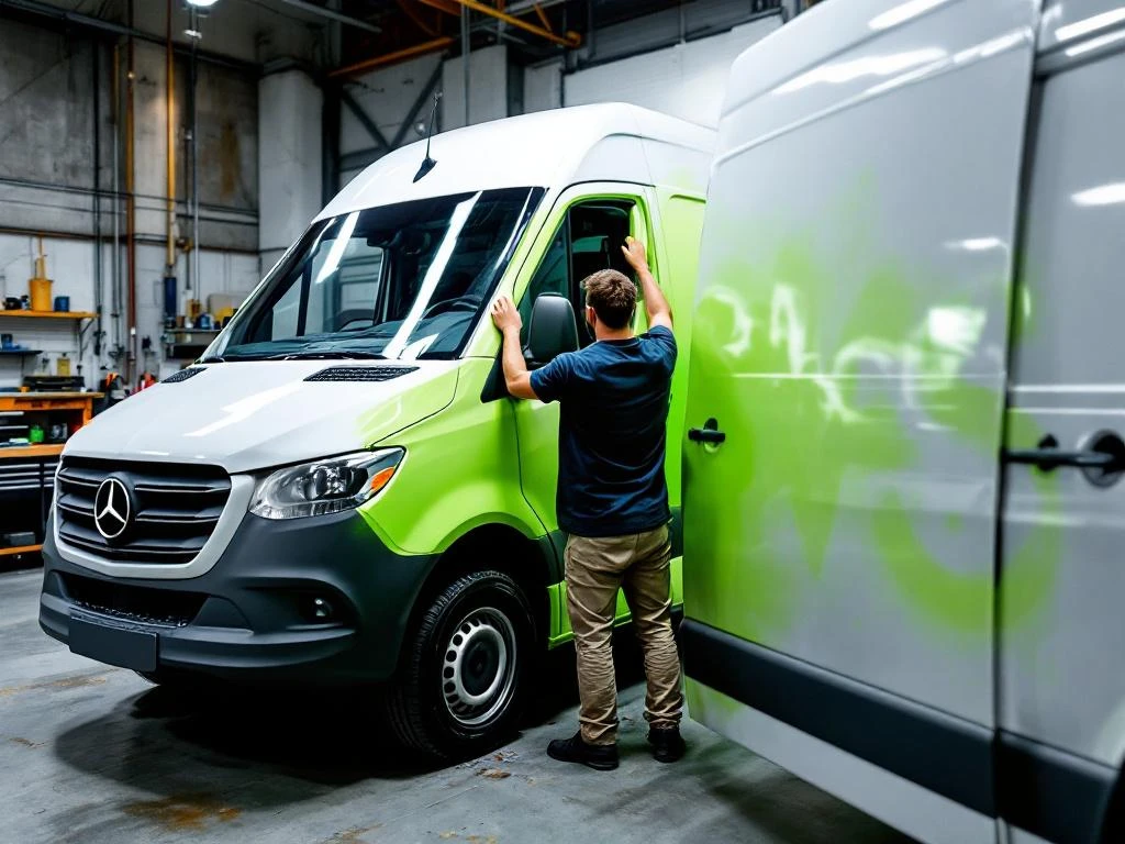 Monteur brengt felgroene vinyl wrap aan op witte Mercedes Sprinter bestelwagen in professionele werkplaats