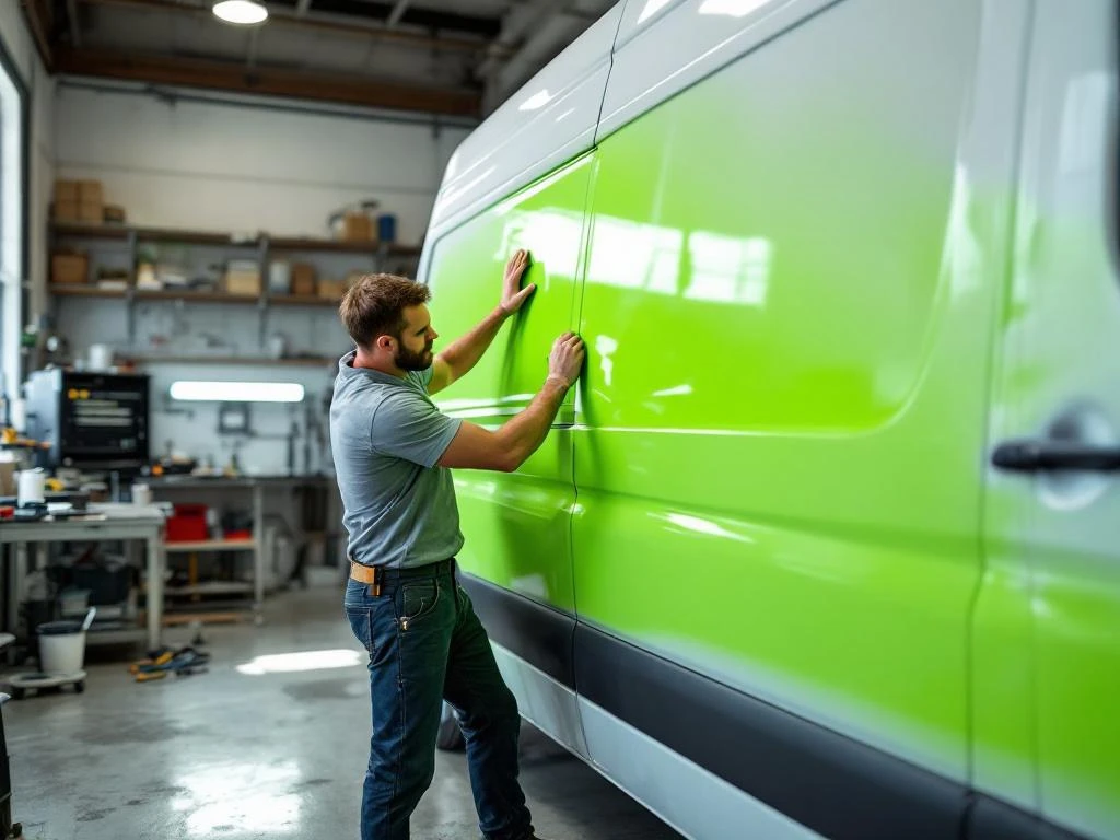 Monteur brengt felgroene vinyl belettering aan op witte Mercedes Sprinter bestelwagen in professionele werkplaats