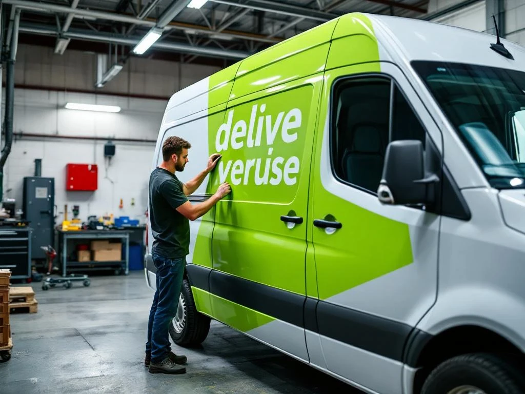 Monteur brengt felgroene vinyl belettering aan op witte Mercedes Sprinter bestelwagen in werkplaats