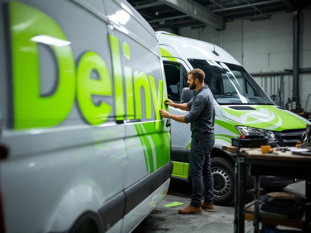 Voertuigbeletteraar brengt felgroene vinyl wrap aan op witte Mercedes Sprinter bestelwagen in professionele werkplaats