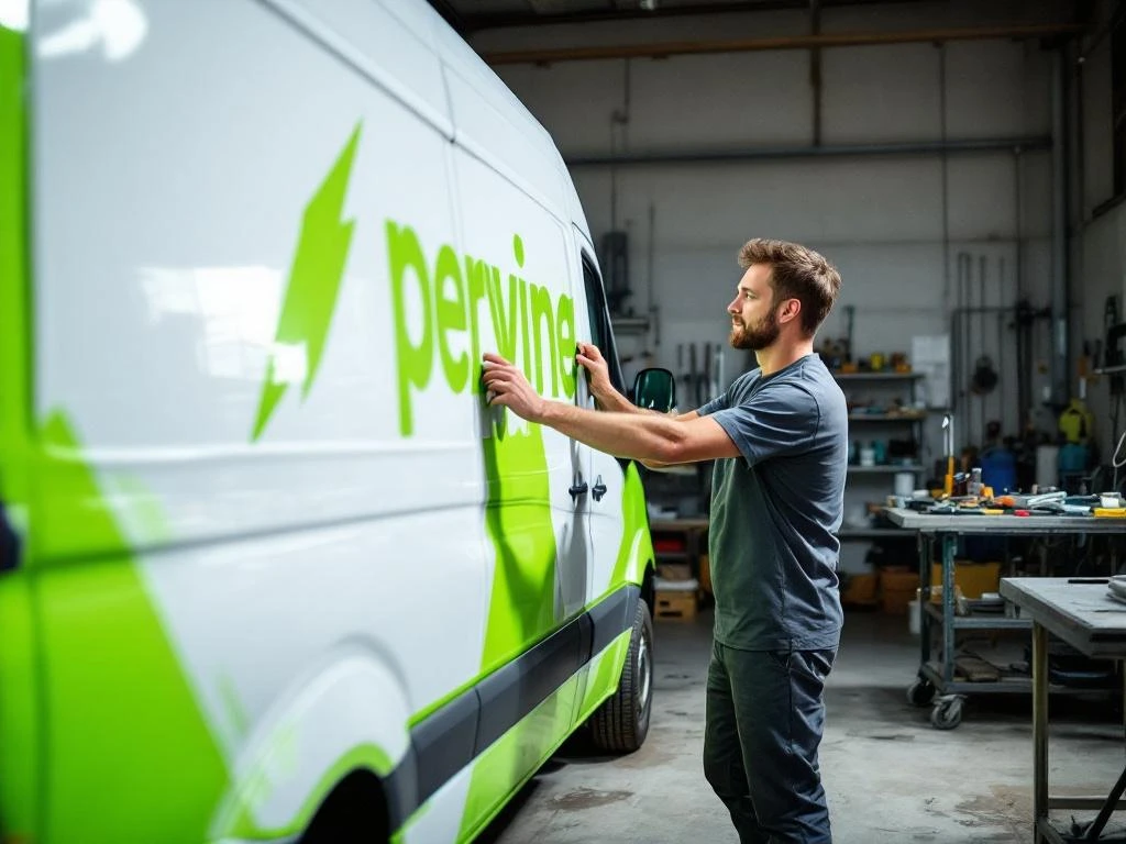 Voertuigbeletteraar brengt felgroene vinyl wrap aan op witte Mercedes Sprinter bestelwagen in professionele werkplaats