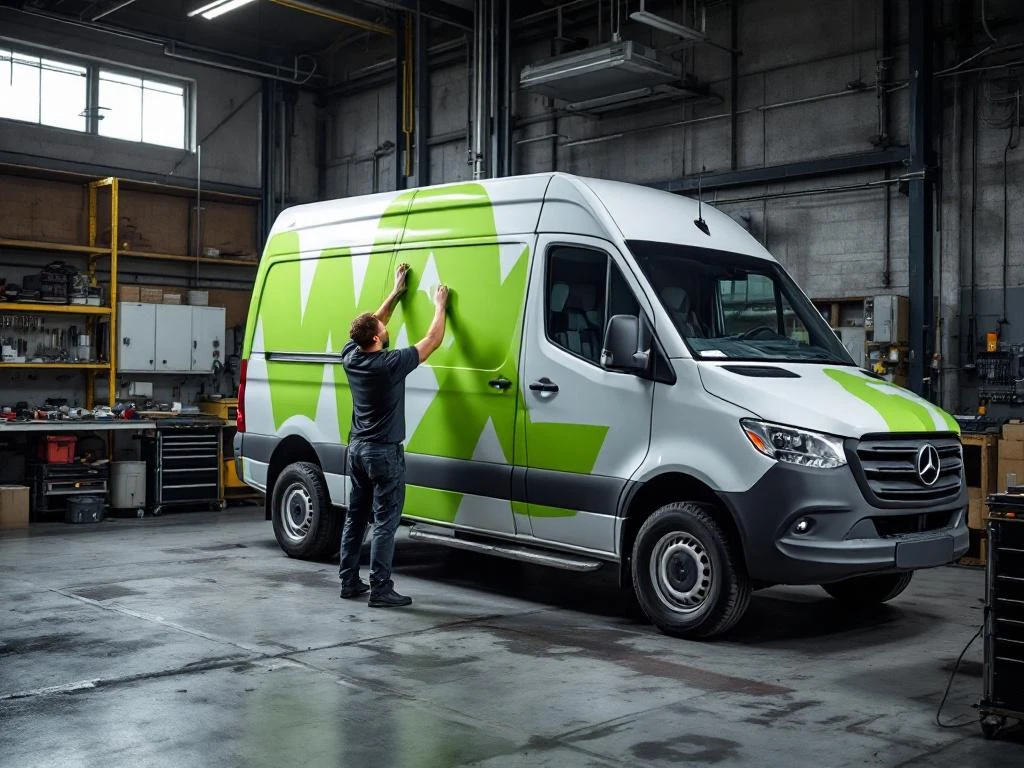 Voertuigbeletteraar brengt felgroene vinyl wrap aan op witte Mercedes Sprinter bestelwagen in professionele werkplaats
