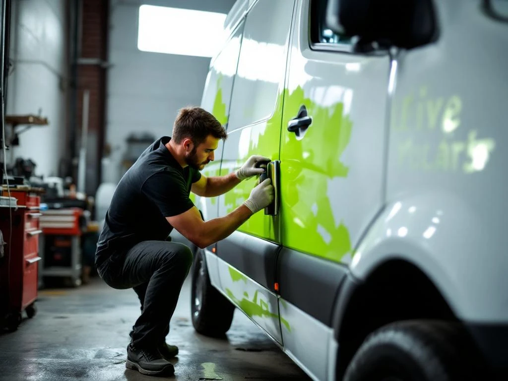 Voertuigbelettering specialist brengt groene vinyl letters aan op witte Mercedes Sprinter bestelwagen in professionele werkplaats