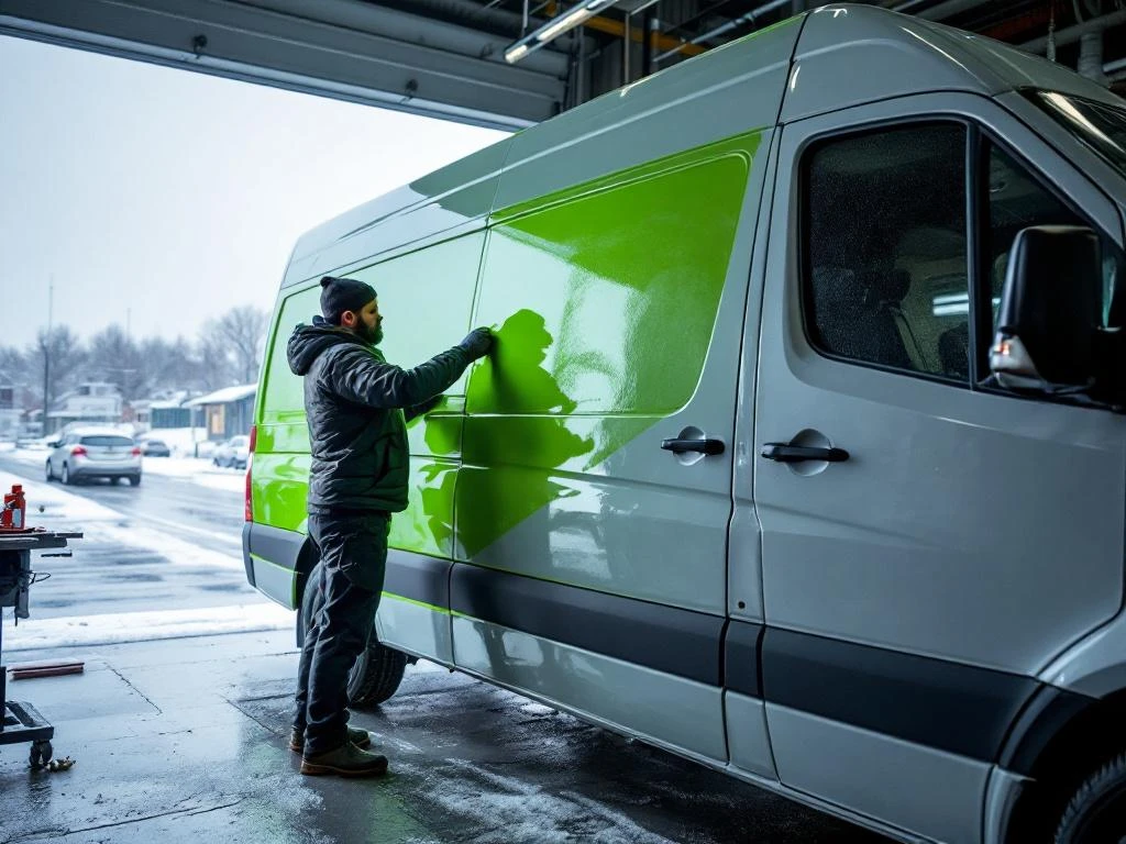 Professionele installateur brengt felgroene vinyl belettering aan op witte Mercedes Sprinter bestelwagen in werkplaats