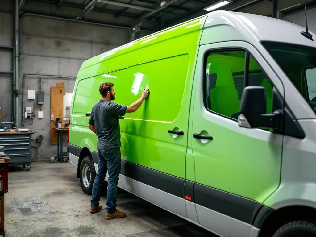 Professionele installateur brengt limoengroene vinyl belettering aan op witte Mercedes Sprinter bestelwagen in werkplaats