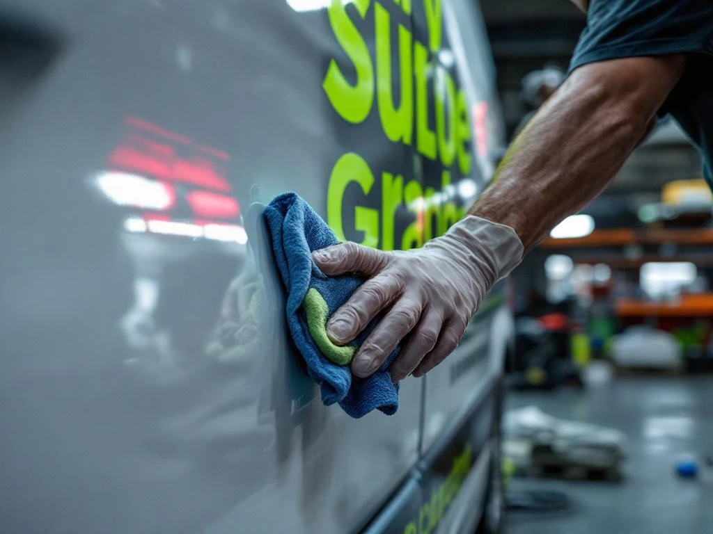 Professionele installateur reinigt felgroene vinylbelettering op witte Mercedes Sprinter bestelwagen in werkplaats