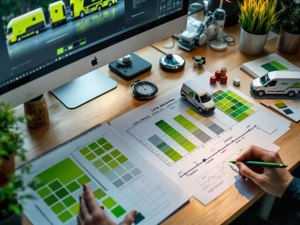 Werkplek van voertuigontwerper met ontwerpschetsen, kleurstalen en computerscherm met van belettering mockups