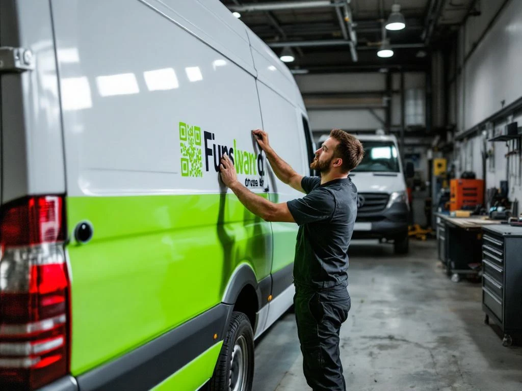 Voertuigbeletteraar plaatst felgroene vinyl stickers met QR-code op witte Mercedes Sprinter bestelwagen in werkplaats