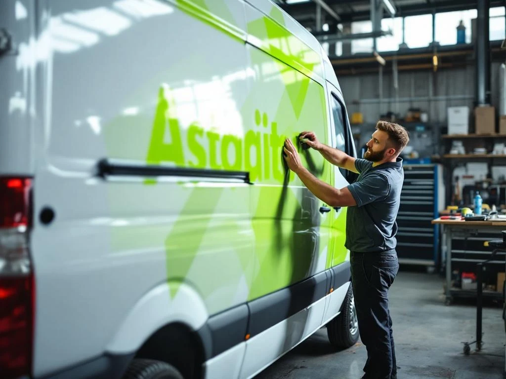 Voertuigbelettering specialist brengt felgroene vinyl wrap aan op witte Mercedes Sprinter bestelwagen in werkplaats