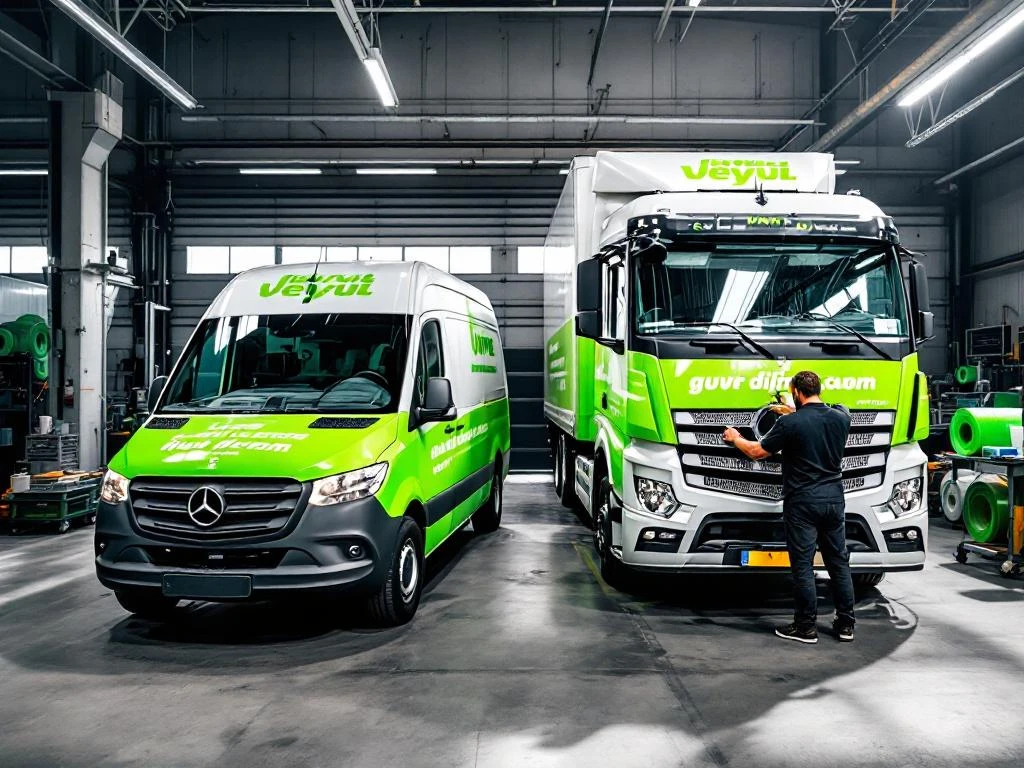 Witte Mercedes Sprinter en vrachtwagen met felgroene vinyl belettering in Nederlandse werkplaats, installateur aan het werk