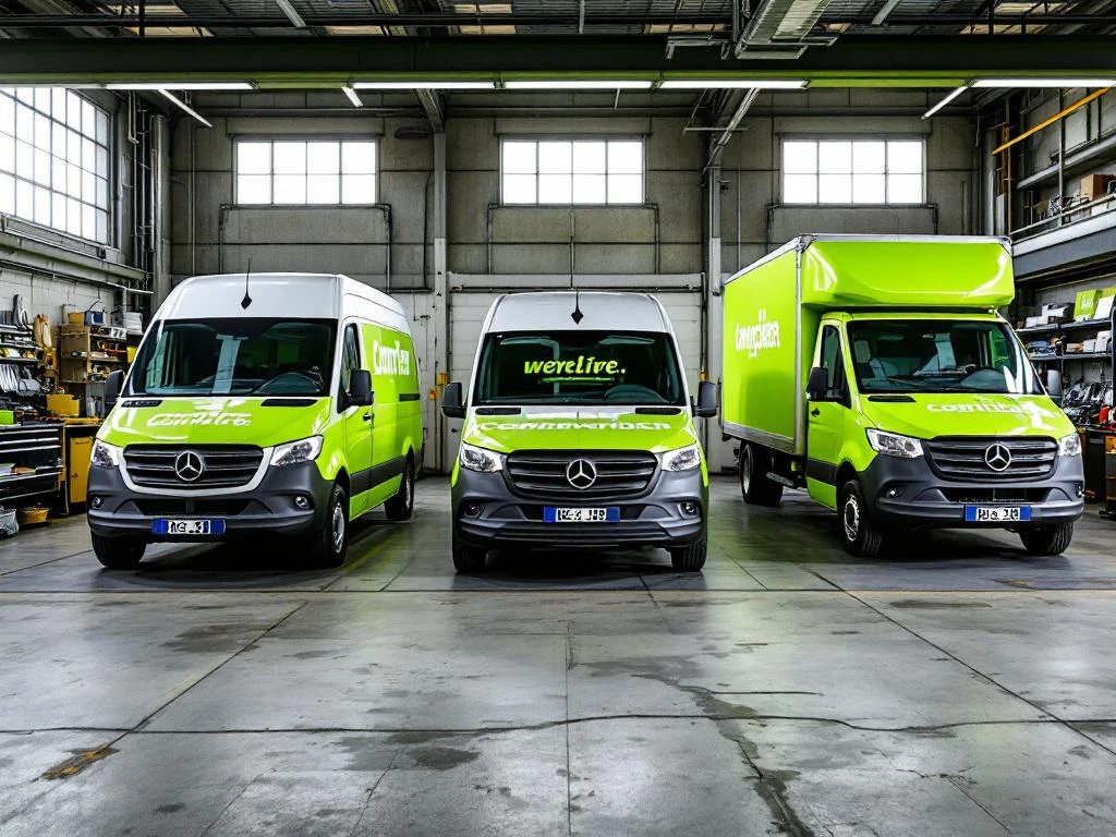 Drie voertuigen met groene vinyl belettering in Nederlandse werkplaats: Mercedes Sprinter, bestelwagen en vrachtwagen