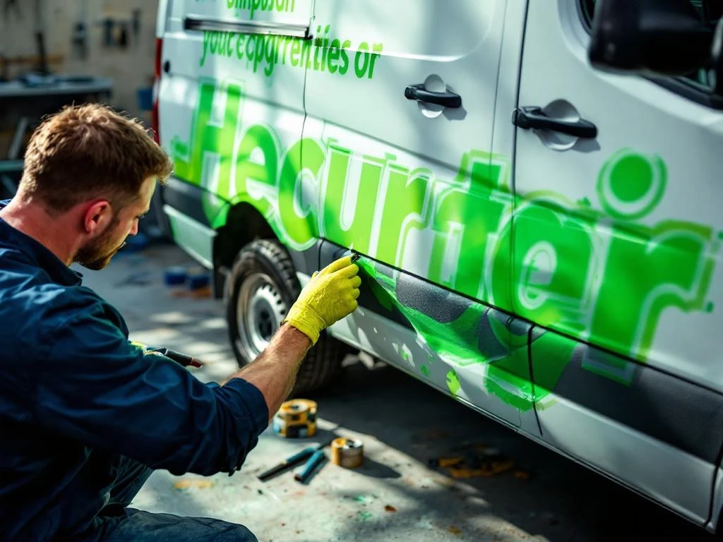 Voertuigbelettering specialist verwijdert oude vinyl letters van witte Mercedes Sprinter en brengt nieuwe groene branding aan