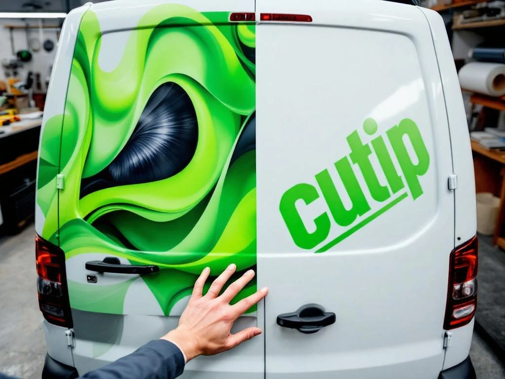 Handen vergelijken digitaal gedrukte en gesneden vinyl graphics op witte bestelwagen in professionele werkplaats