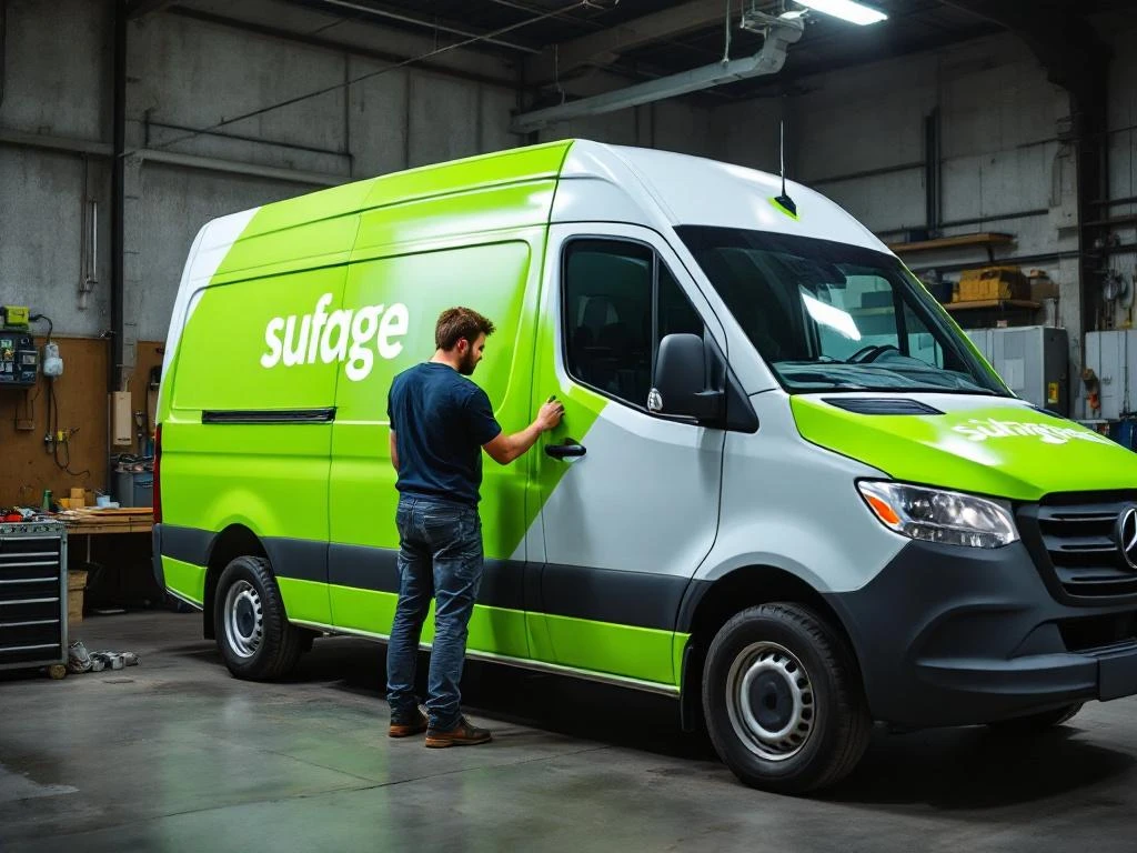 Monteur brengt felgroene vinyl belettering aan op witte Mercedes Sprinter bestelwagen in professionele werkplaats