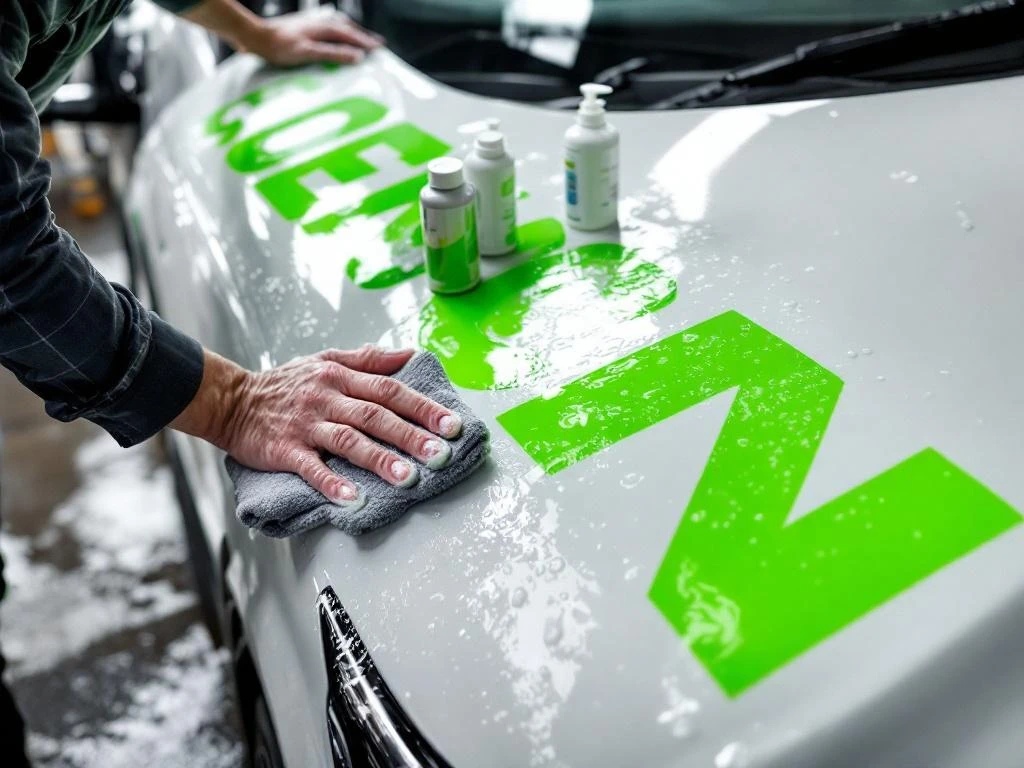 Professionele autodetailer reinigt felgroene vinyl belettering op witte bedrijfswagen met gespecialiseerde producten