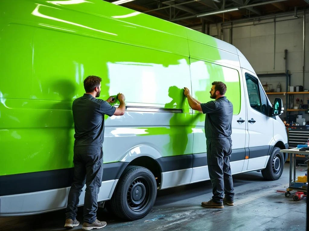 Voertuigwrapper brengt groene vinyl folie aan op witte Mercedes Sprinter bestelwagen met zichtbare luchtbellen en rimpels