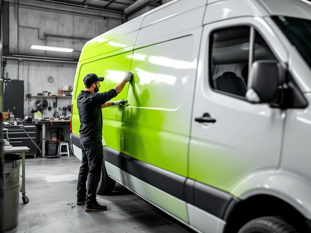 Voertuigbeletteraar brengt felgroene vinyl wrap aan op witte Mercedes Sprinter bestelwagen in professionele werkplaats