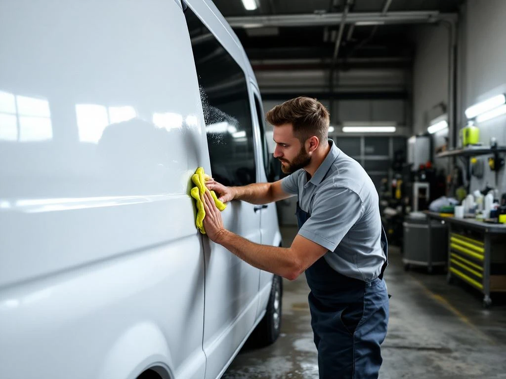 Specialist reinigt witte Mercedes Sprinter bestelwagen met microvezeldoek in werkplaats voor folie applicatie