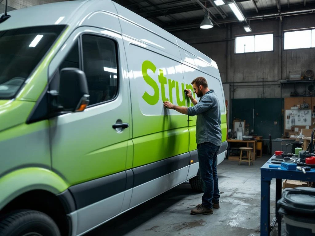 Voertuigbeletteraar brengt felgroene vinyl wrap aan op witte Mercedes Sprinter bestelwagen in professionele werkplaats