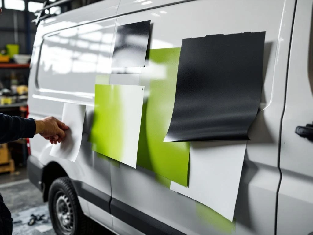 Voertuigwrapping materialen in lime groen, mat zwart en glanzend wit op witte bestelwagen in werkplaats met gereedschap