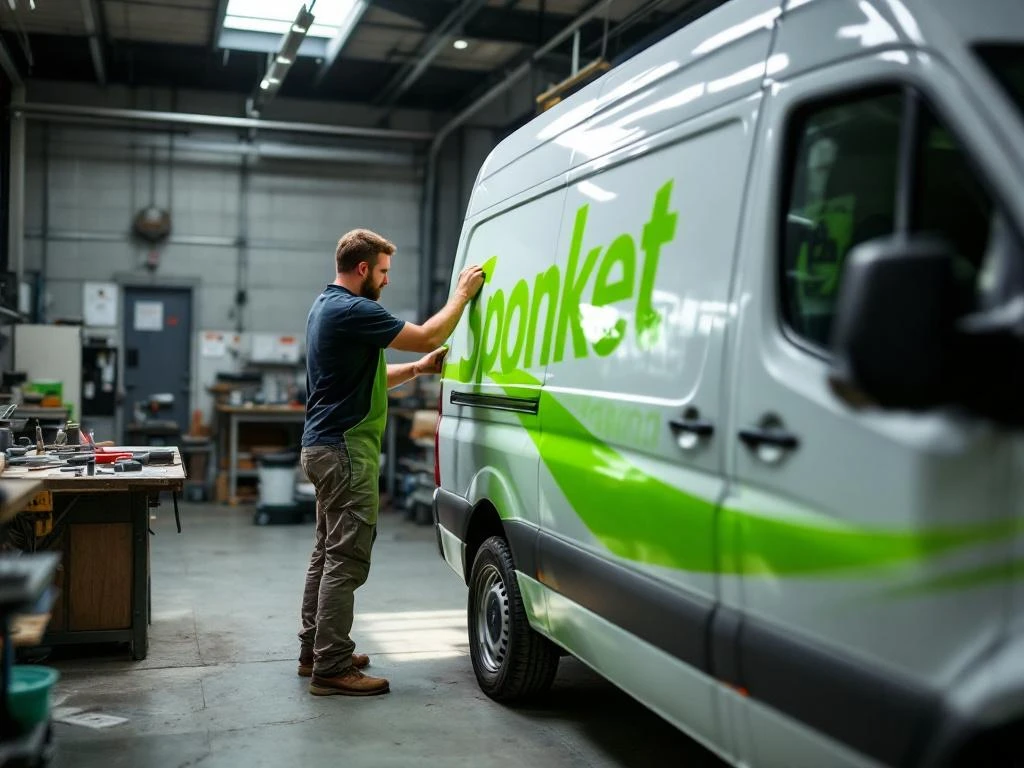 Voertuigreclame installateur brengt felgroene vinyl belettering aan op witte Mercedes Sprinter bestelwagen in werkplaats