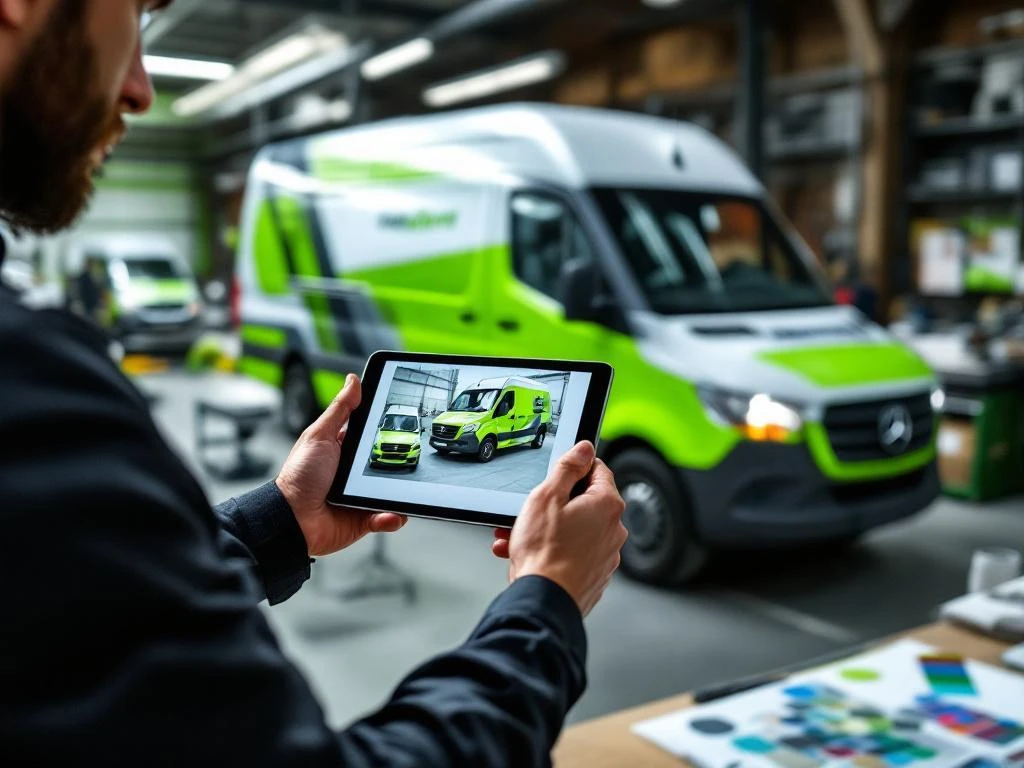 Technicus toont limoengroene wrap-ontwerpen op tablet naast witte Mercedes Sprinter in Nederlandse werkplaats