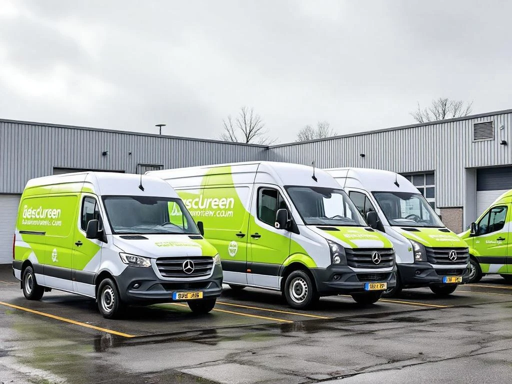 Drie witte bedrijfsbusjes met groene reclame op Nederlandse bedrijfsterrein, Mercedes Sprinter en VW Transporter modellen