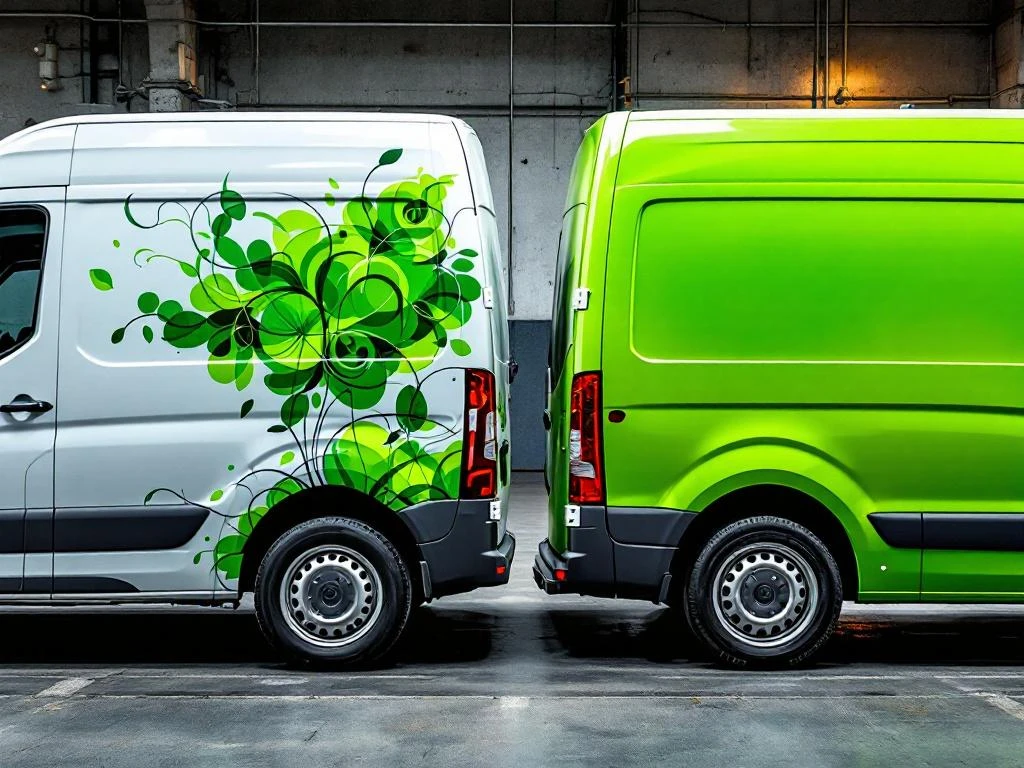 Twee witte bedrijfsbusjes met verschillende wrap-kwaliteiten: links premium limoengroen design, rechts eenvoudige groene belettering