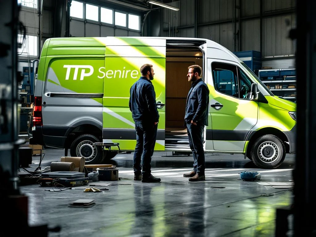 Twee professionals bespreken voertuigbelettering bij witte bestelwagen met lime groene TTP branding in werkplaats