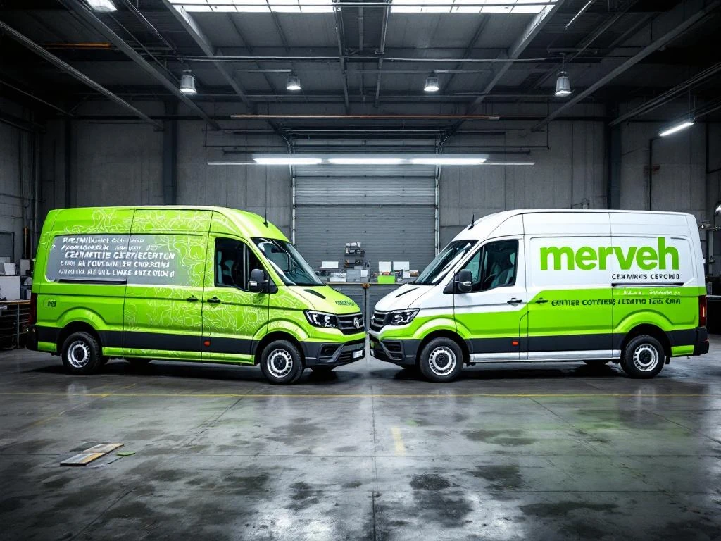 Twee witte bedrijfsbusjes in Nederlandse werkplaats tonen kostenverschil tussen gecertificeerde wrap en standaard belettering