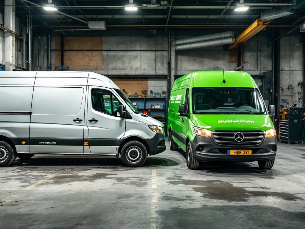 Twee witte bedrijfswagens in Nederlandse werkplaats tonen verschil tussen gedeeltelijke groene stickers en volledige wrap