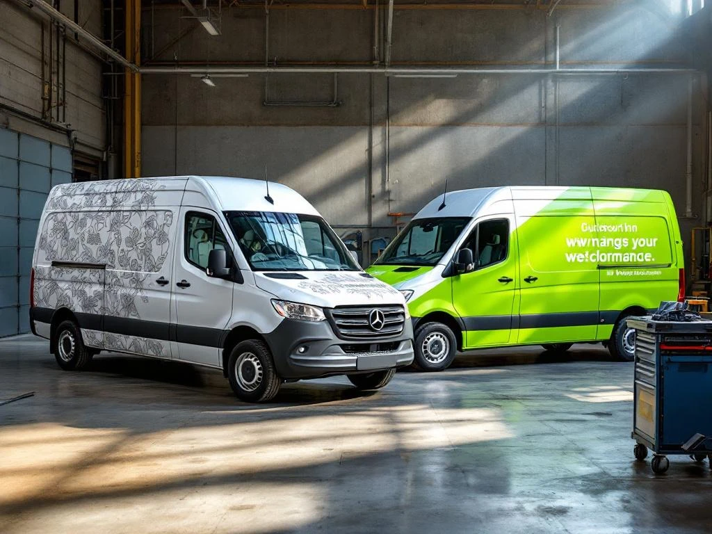 Twee witte bedrijfsbusjes in Nederlandse werkplaats tonen verschil tussen decoratieve autowrap en professionele reclame