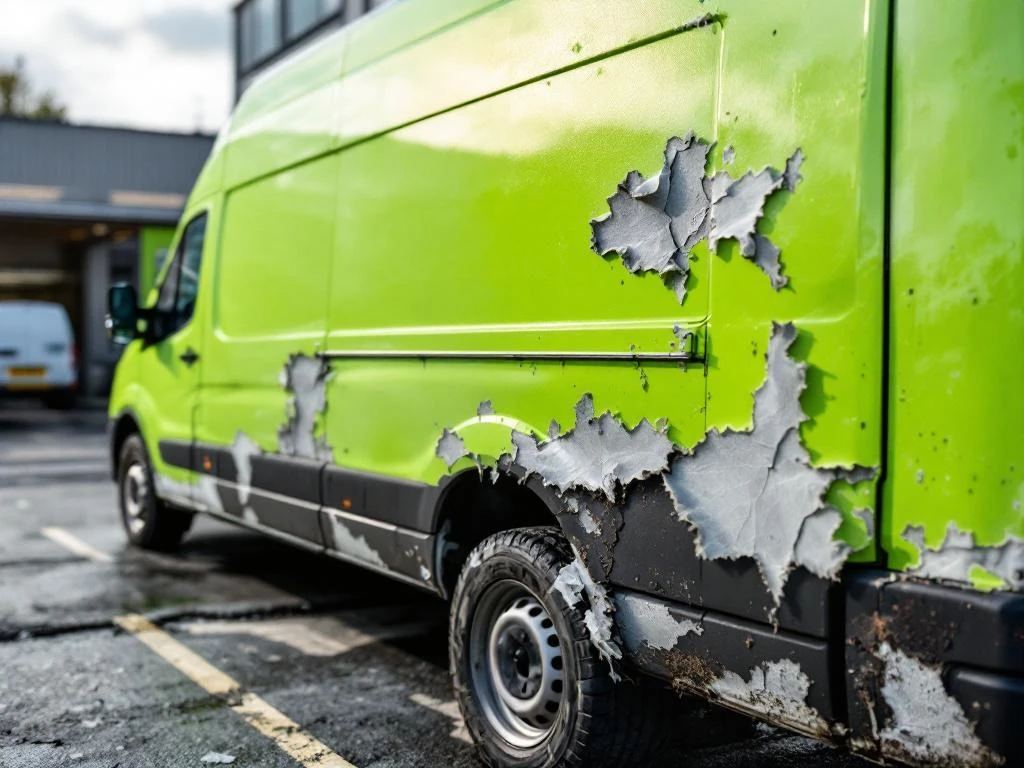 Witte bedrijfswagen met versleten lichtgroene vinyl wrap die afbladdert en verkleurt in bedrijfsparkeerplaats