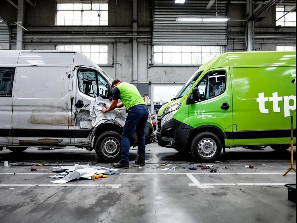 Twee witte bedrijfswagens in werkplaats: oude stickers worden verwijderd, nieuwe groene TTP-branding aangebracht