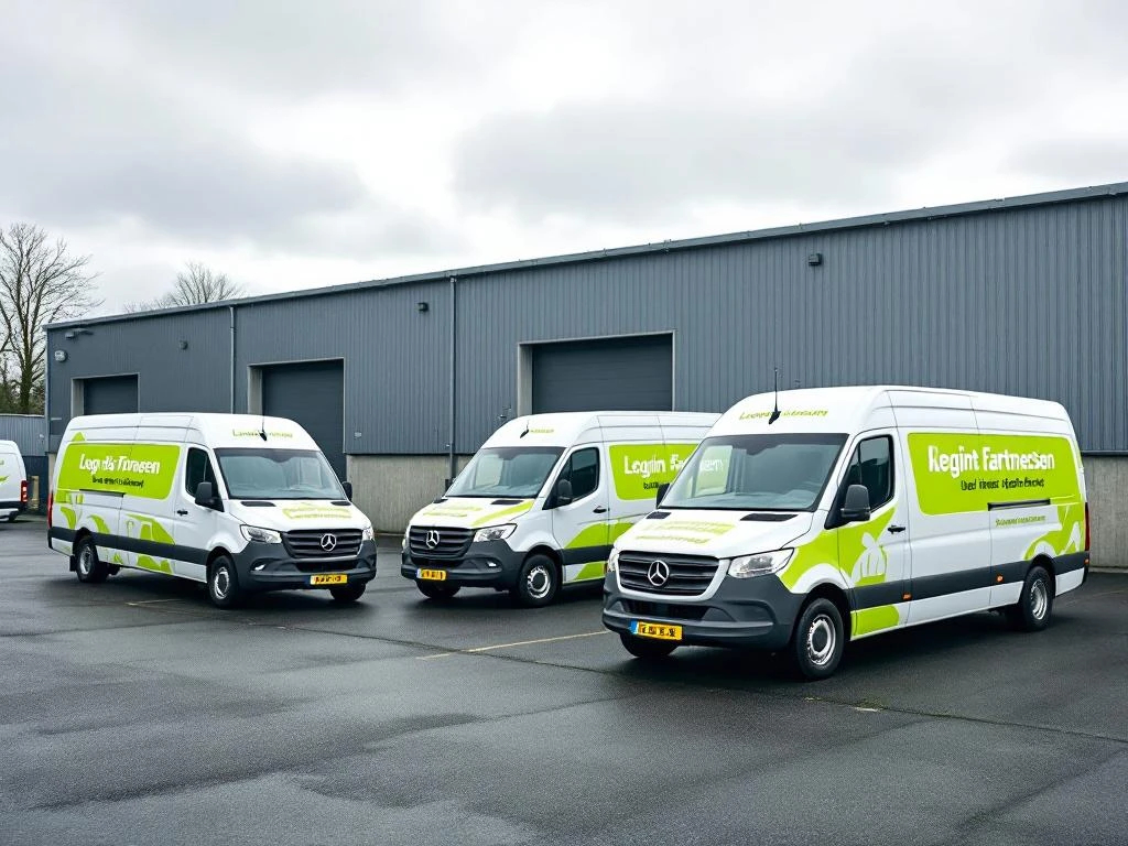 Professionele vloot van 4-5 witte bedrijfsbusjes met opvallende limoengroene graphics geparkeerd op Nederlands bedrijfsterrein