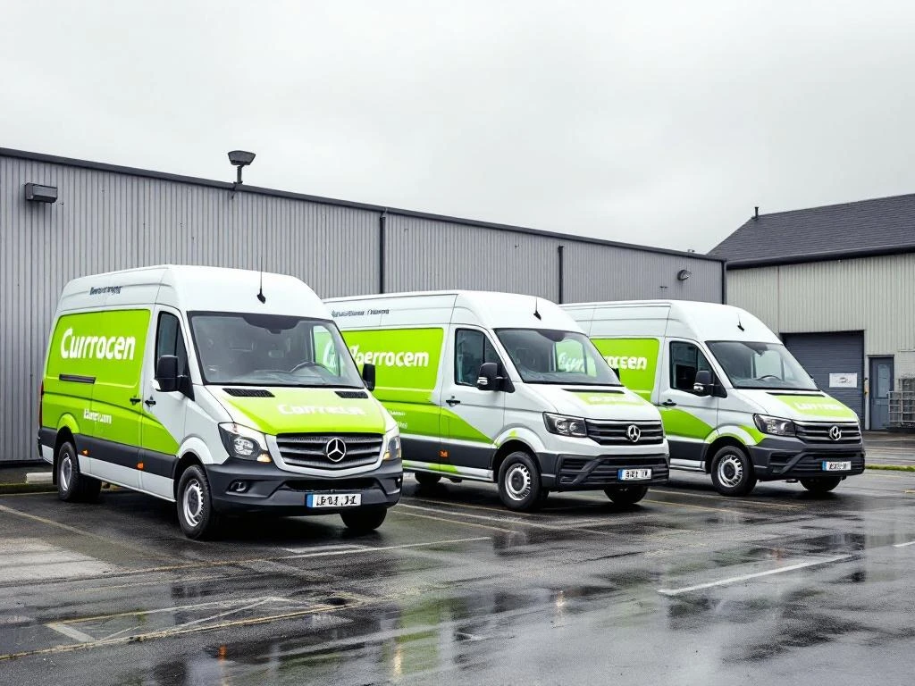 Drie witte bedrijfsbusjes met groene reclamebelettering geparkeerd op Nederlandse bedrijventerrein bij bewolkt weer