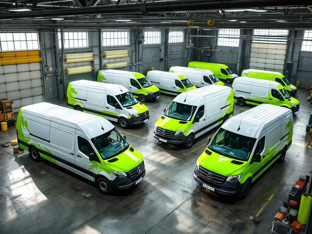 Witte bestelwagens krijgen limoengroene vinyl belettering in professionele werkplaats met natuurlijk licht