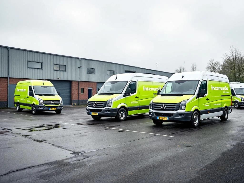 Drie witte bedrijfsbusjes met groene reclame-uitvoering geparkeerd op Nederlands industrieterrein, Mercedes Sprinter en VW Transporter